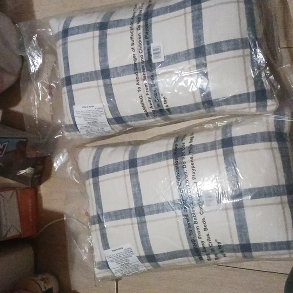 THRESHOLD PLAID STRIPE Reversible THROW PILLOWS Farmhouse Beige - Picture 3 of 3